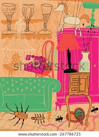 Hand drawn colorful cool interior with various animals, birds and insects