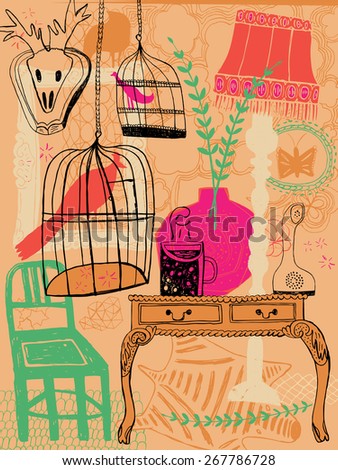 Hand drawn colorful cool interior with various animals, birds and insects