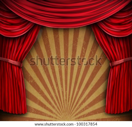 Red velvet curtains or drapes on an old grunge wall as a radial sun burst design as an entertainment background for performing arts or an important announcement or a fun event communication message.