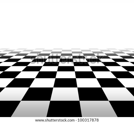 Checkered background floor pattern in perspective with a black and white geometric design fading to white in the distance with a blank area for your text.