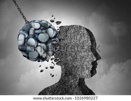 Opioid epidemic health danger and medical crisis with a prescription painkiller addiction concept as a group of pills devastating a patient with 3D illustration elements.
