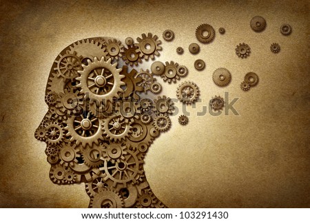 Dementia brain problem medical  and health care concept symbol on a grunge parchment texture as a vintage document with gears and cogs as icons of medicine and human intelligence. - stock photo