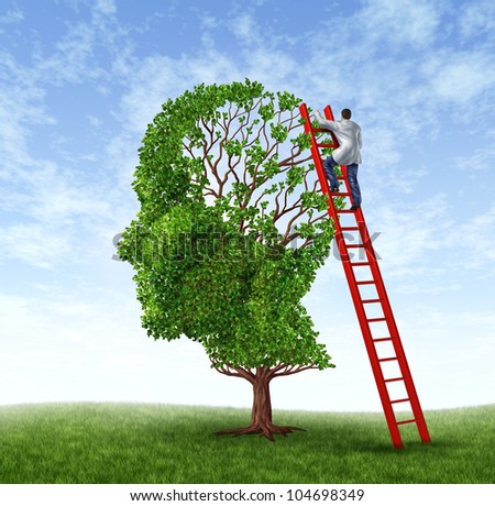 Medical Doctor Exam with a health care worker wearing a lab coat climbing a red ladder examining a human head shaped tree as a symbol of brain surgery and intelligence.