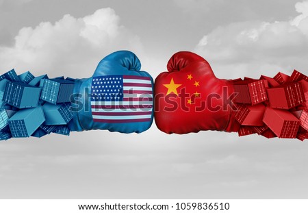 China USA or United States trade and American tariffs conflict with two opposing trading partners as an economic import and exports dispute concept with 3D illustration elements