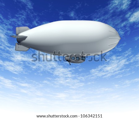 Blimp flying in the sky as a traveling air ship and as a blank commercial sign for advertising and marketing.