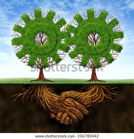 Business agreement and cooperation resulting in financial growth between two partners working together with the concept of two gear shaped trees with roots in the form of a hand shake.