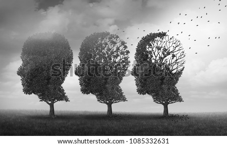 Concept of memory loss and brain aging due to dementia and alzheimer\'s disease as a medical icon with fall trees shaped as a human head losing leaves with 3D illustration elements.