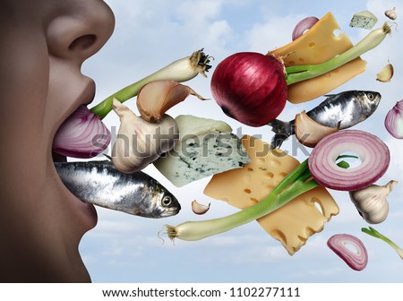 Bad breath and halitosis as unpleasant odor coming out of a mouth as the smell of garlic onions fish or cheese in a 3D illustration style.