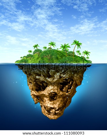 Hidden Risk and false advertising concept with a beautiful tropical island on the sea contrasted with an under water shaped evil skeleton skull as a  symbol of dishonesty and dangers of fraud.