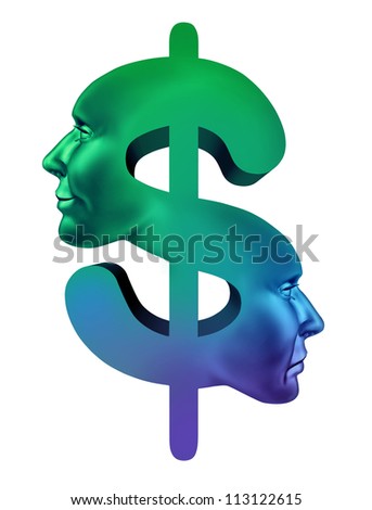 Profits and loss concept as good and bad investments with a dollar symbol as a happy successful investor face and a sad poor human head expression of a financial victim isolated on white.