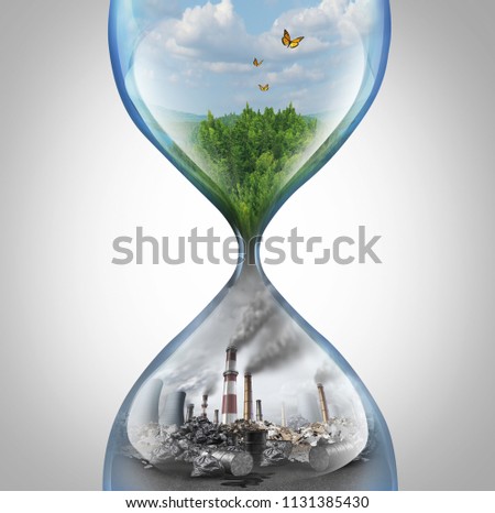 Rate of environmental damage and climate change urgency concept as a green natural habitat sinking into a pollution and toxic enviroment in a sand hourglass with 3D elements.