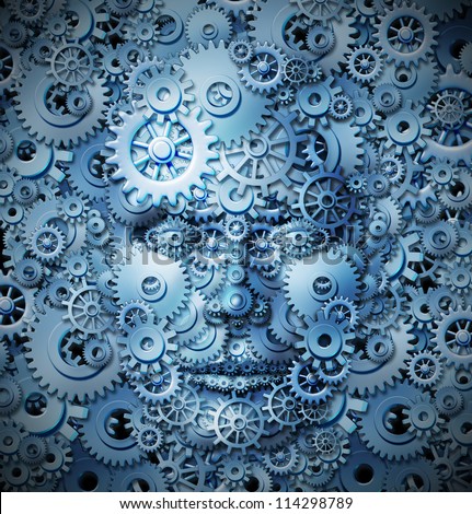 Human intelligence and creativity with a front view of a head and face made of gears and cogs merging with a similar background as a business and mental health care concept for thinking function.