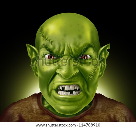 Monster head with green skin rotten teeth and stitches with an angry expression showing pointy ugly tooth and goblin evil ears on a glowing black background as a symbol of being in a bad mood.