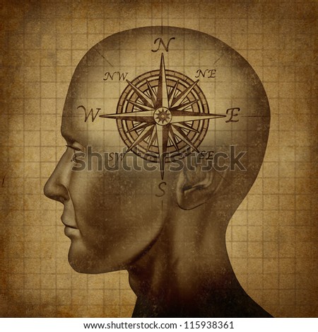 Moral compass and career path concept with a human head and a compass as a brain on a grunge old parchment texture as a concept of knowing what direction to follow in life and for business success.