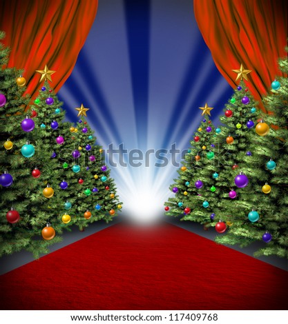 Red carpet holidays with curtains and Christmas trees with decorative ornaments for a Hollywood winter season premier and grand opening celebration and new year blockbuster theatrical performance.