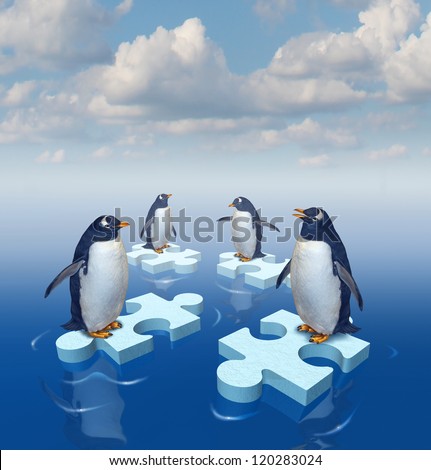 Coming together with common purpose to assemble a team partnership to form a strong group with four penguins merging floating chunks of ice in the shape of puzzle pieces as insurance..