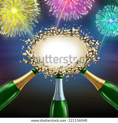 Celebrating message with uncorked exploding champagne bottles splashing sparkling wine into the center as a shape of a blank sign with fireworks for an important happy fun celebration communication.