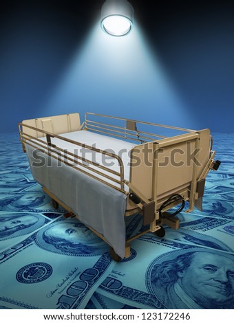 Hospital care expenses and the high costs of medical insurance for surgery or medicine treatment represented by a stretcher on a blue floor of money and a spotlight shining on the bed.