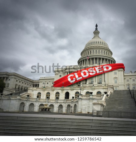 USA shutdown and United States government closed and American federal shut down due to spending bill disagreement between the left and the right in a 3D illustration style.
