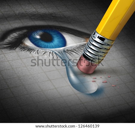 Depression Relief And Conquering Mental Adversity With A Pencil Eraser Removing A Tear Drop From A Close Up Of A Human Face And Eye As A Concept Of Emotional Support And Therapy.