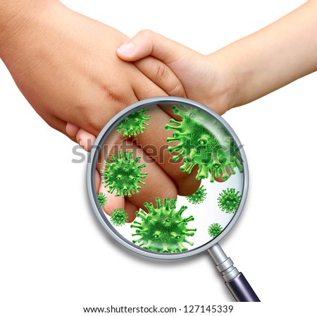Contagious virus infection with children hands holding and touching spreading dangerous infectious germs and bacteria with a magnifying glass close up on a white background Contagious virus infection with children hands holding and touching spreading dangerous infectious germs and bacteria with a magnifying glass close up on a white background