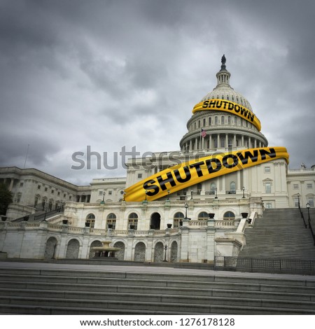 USA shutdown and United States government closed and american federal shut down due to spending bill disagreement between the left and the right with yellow hazard tape in a 3D illustration style.
