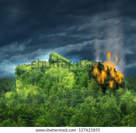 Dementia and losing memory and Alzheimer\'s disease with the medical icon of a forest mountain of trees in the shape of a human head and brain burning in flames as a loss in damaged mind function.