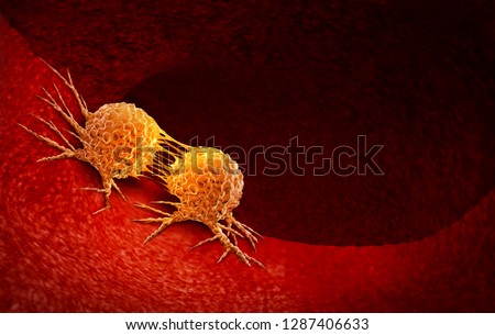Cancer cell dividing and treatment for malignant cancer cells in a human body caused by carcinogens with a cancerous cell as an immunotherapy symbol and medical therapy as a 3D illustration.