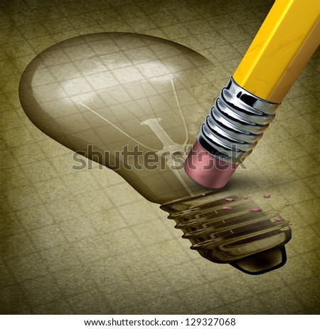 Lost creativity and running out of inspiration for new ideas as writer\'s block with an image of a light bulb being removed by a pencil eraser on an old document as a concept of losing imagination.