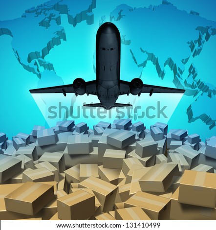 Air cargo shipping concept with an airplane flying above a large group of mail courier packages on a three dimensional map of the world as a global overseas transportation symbol.
