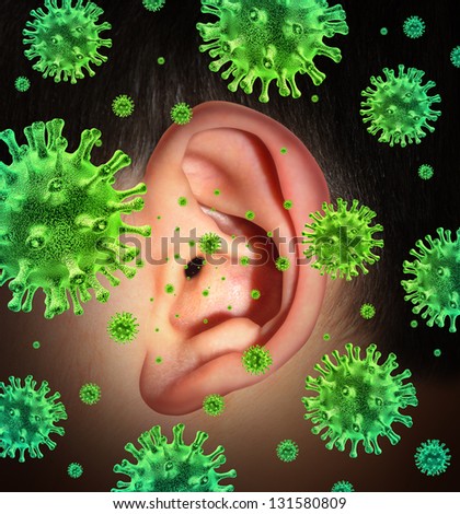 Ear infection and hearing ache caused by a contagious disease transmitting a virus infection in the inner and outer human anatomy spreading infectious germs and bacteria with painful fever symptoms Ear infection and hearing ache caused by a contagious disease transmitting a virus infection in the inner and outer human anatomy spreading infectious germs and bacteria with painful fever symptoms