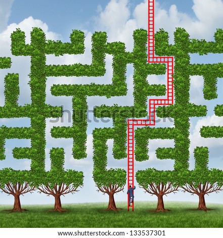 Adapt To Change And Finding Creative Solutions To Difficult Growing Challenges As A Group Of Trees As A Maze Or Labyrinth And A Businessman Climbing A Red Ladder Shaped As The Solution To Success.