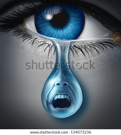 Distress And Suffering With A Human Eye Crying A Single Tear Drop With A Screaming Facial Expression Of Anguish And Pain Due To Grief Or Emotional Loss Or Business Burnout.