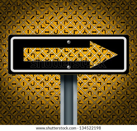 Keeping your focus and avoiding distractions on a clear goals path to personal and business success as a group of confused yellow traffic signs with a large arrow sign window pointing to the future.