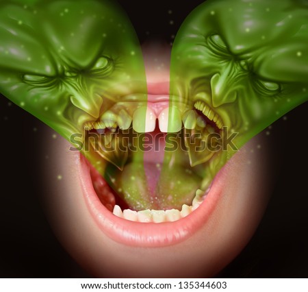 Bad breath as garlic smell from inside a human mouth as a health concept of an offensive foul odour caused by smoking or eating with a green gas shaped as evil faces over an open human mouth. - stock photo