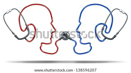Medical Communication With A Group Of Doctor Stethoscope Equipment In The Shape Of Two Human Heads Connected Together In A Health Care Network For Patient Information Exchange On A White Background.