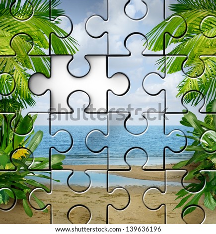 Vacation planning and finding travel tips as an incomplete jigsaw puzzle with a tropical summer beach scene for a fun family holiday in the sun or a retirement relaxation plan.