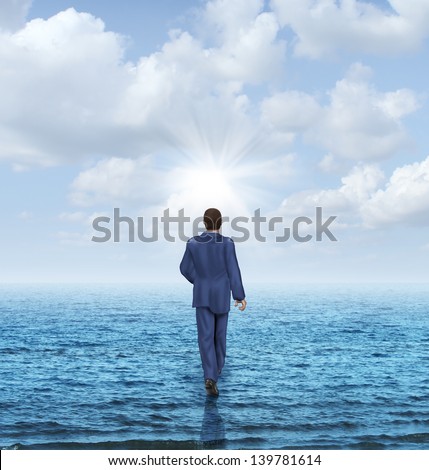 Walk On Water With A Businessman Walking On The Surface Of An Ocean As A Business Concept Of Confidence And Courage To Take On An Impossible Challenge And Achieve Success With The Power Of Belief.