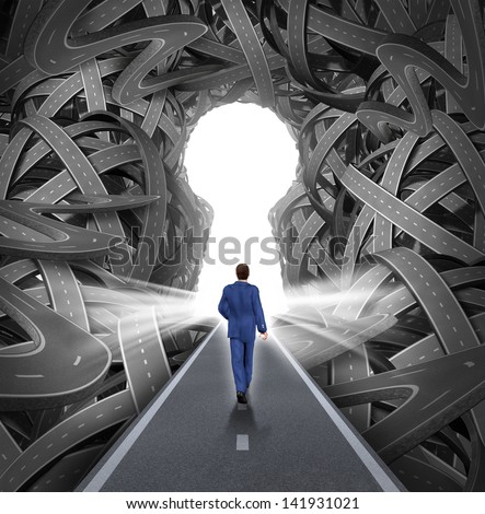 Direction Solutions As A Business Leadership Concept With A Businessman Walking To A Glowing Key Hole Shape Opening As A Straight Path To Success Through A Confused Maze Of Tangled Roads Or Highways.