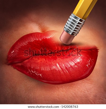 Losing sex drive and loss of sexual desire as a health care concept of human sexuality and relationship challenges with the red lips of a woman that are being erased by a pencil.