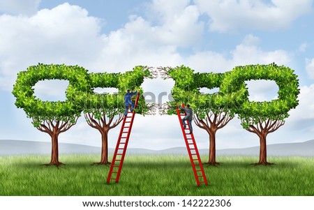 Growing a business partnership and repairing a connected network as a group of trees shaped as a broken chain link being fixed by two businessmen on ladders working together for a strong connection.