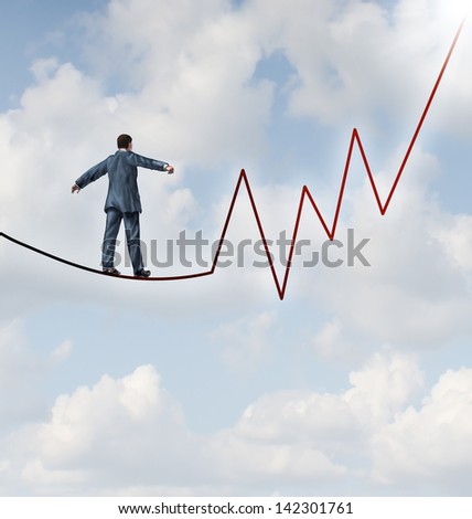 Investing risk and financial leadership skill as a business concept and metaphor conquering adversity as a businessman walking on a high wire tight rope  shaped as a stock market graph on a sky.