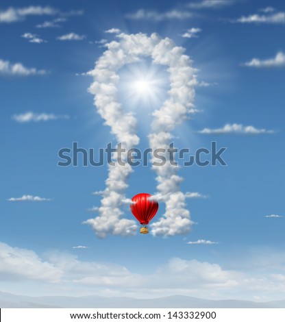 Finding the answer as a group of clouds in the sky shaped as a key hole as a business concept with a red hot air balloon flying up towards the glowing sun target as an icon of ideas and inspiration.
