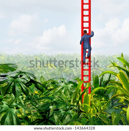 Business freedom as a businessman climbing the ladder of success out of a confusing dark forest jungle as a business concept of breaking out with direction and leadership on a tropical background.