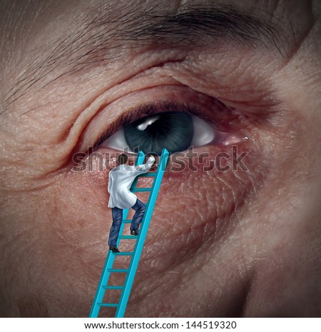 Medical Eye Care concept with an ophthalmologist or optometrist climbing a ladder for a diagnosis on an aging elderly patient that may have vision problems due to cataracts or other ocular diseases.