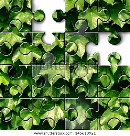 Gardening concept and green landscaping design icon with lush plant foliage leaves background on a jigsaw puzzle with pieces missing as horticultural symbol of finding garden growing advice.