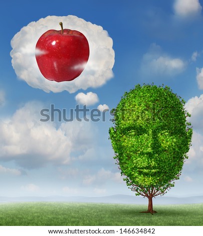Big ideas business concept as a tree shaped as a human head dreaming and imagining a red apple in a dream bubble made of clouds as a metaphor for planning future profit and fruitful fertile success.