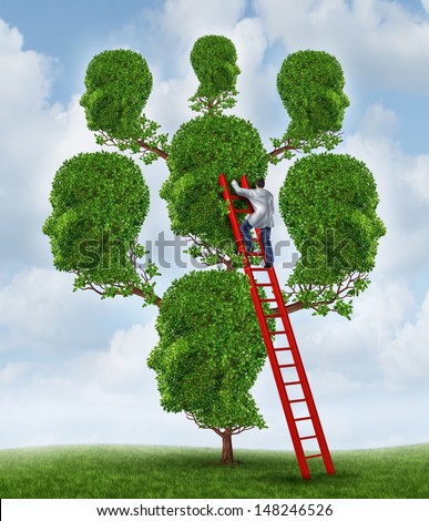 Family therapy and group health care concept with a tree shaped as a group of human heads with a medical doctor psychologist or psychiatrist on a ladder fixing relationship problems.