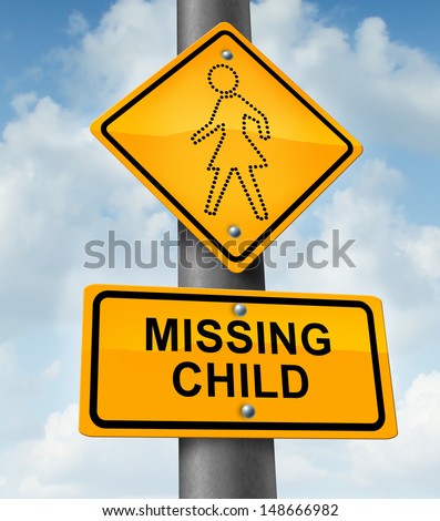 Child missing concept as a yellow school crossing traffic sign with a dotted figure of a  girl as an icon of children losing their childhood and lost in a failed adoption or despair due to abduction.