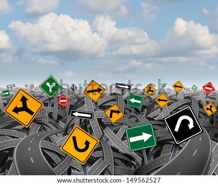 Direction Uncertainty With A Landscape Of Confused Tangled Roads And Highways And A Group Of Traffic Signs Competing For Influence As A Symbol Of The Challenges Of Planning A Strategy For Success.